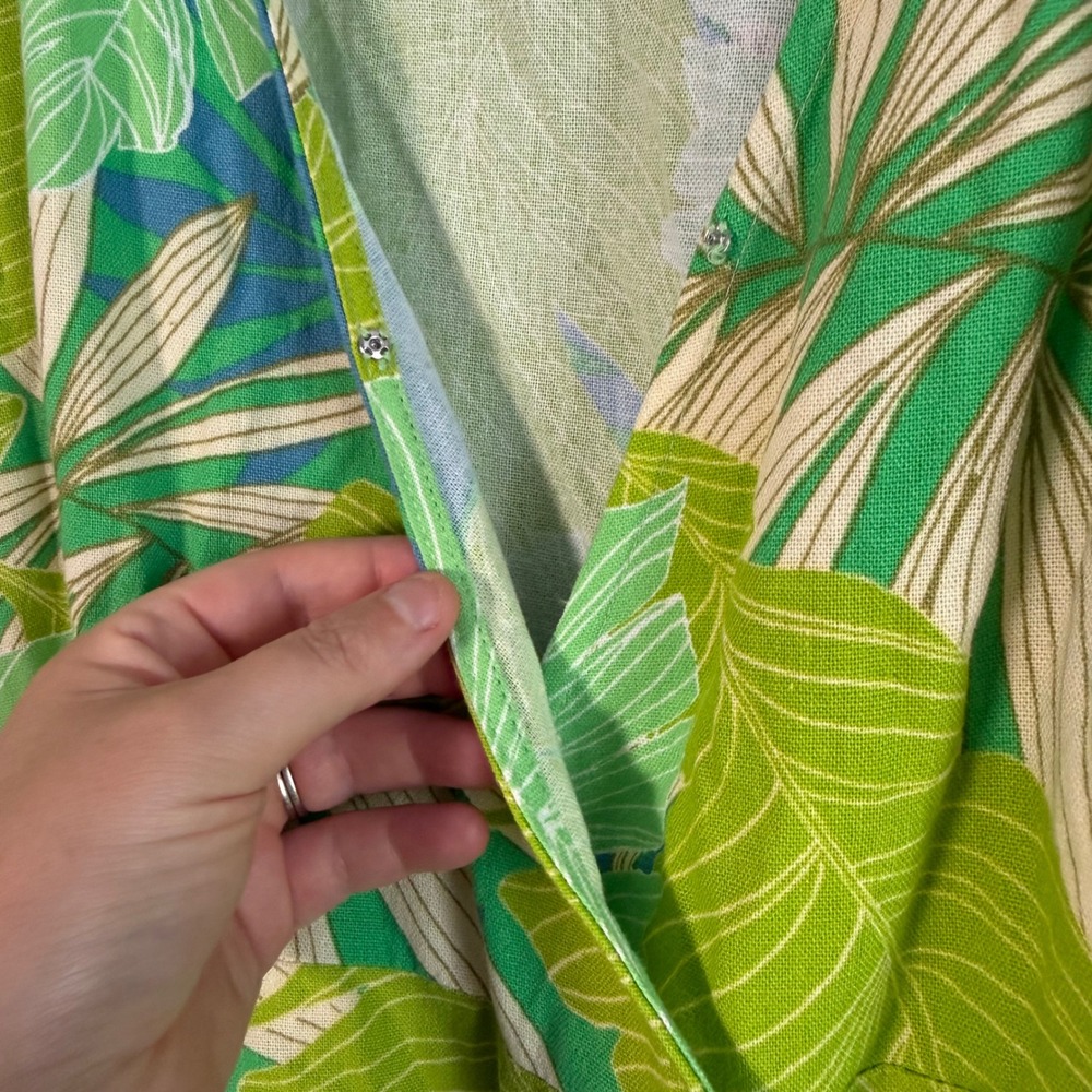 En Creme Tropical Palm Wrap Dress Green Blue Linen Large Mini Wedding Guest - Picture 4 of 12